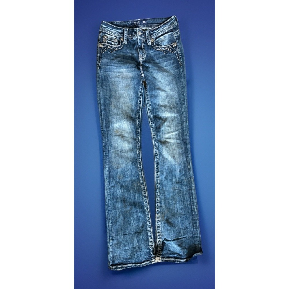 Miss Me Chloe Boot Jeans Womens 26 x 34 Blue Mid Rise Bootcut Fleur De Lis Bling - Picture 2 of 8